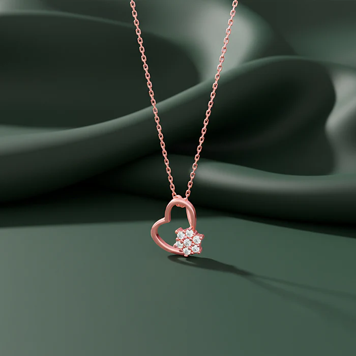 Rose Gold Floral Heart Pendant With Link Chain - Image 2