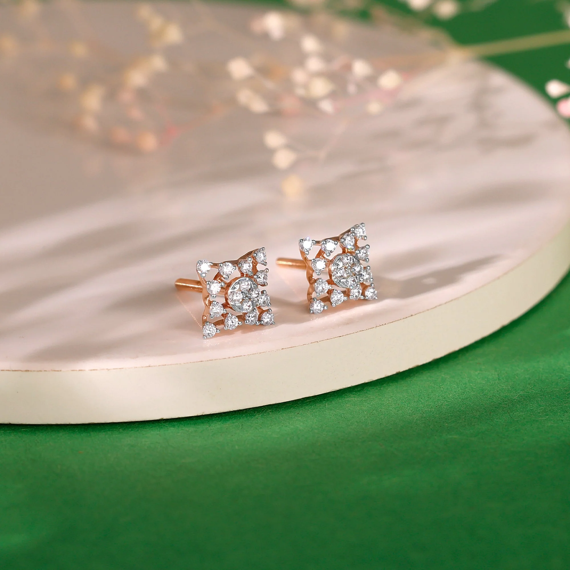 Rose Gold Geometric Square Diamond Earrings - Image 2