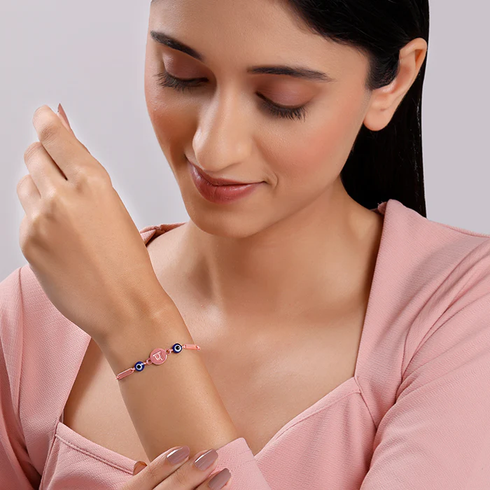 Rose Gold Hindi Initial Evil Eye Bracelet - Image 3