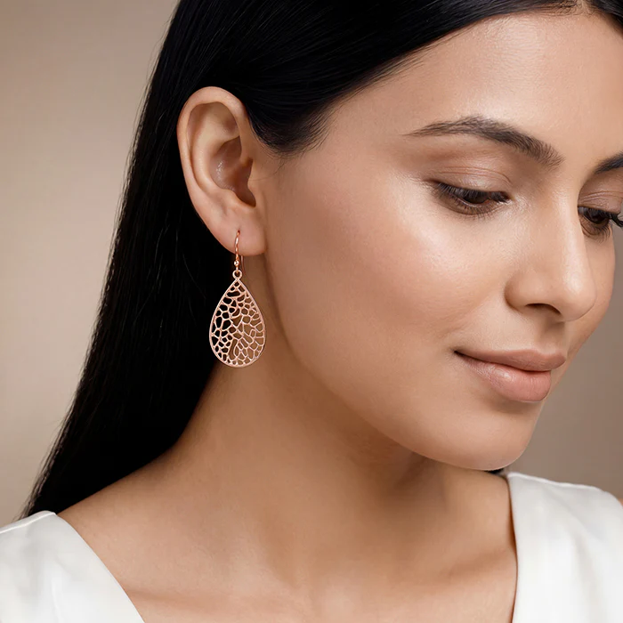 Rose Gold Lattice Teardrop Filigree Earrings - Image 3