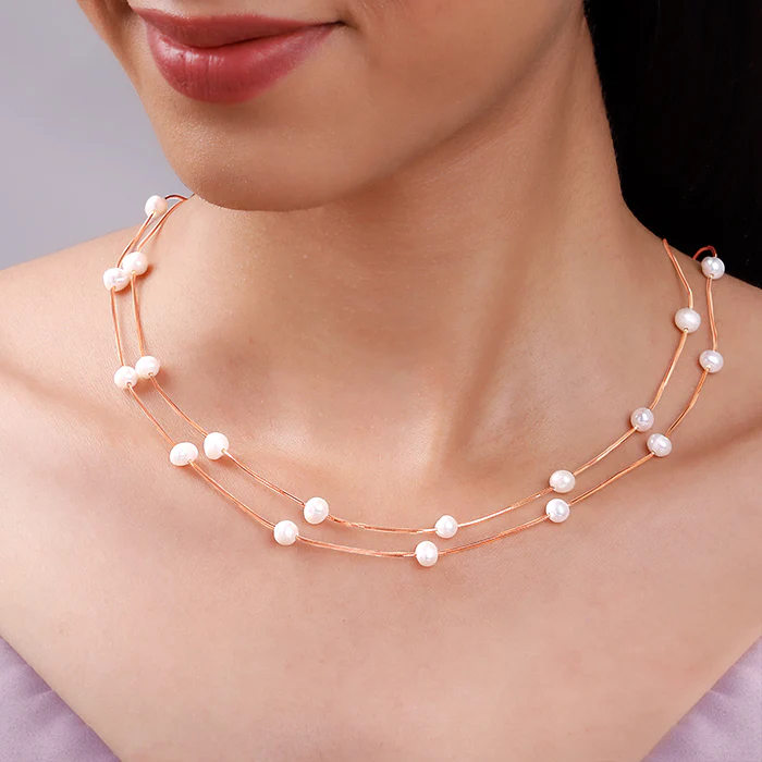 Rose Gold Layered Pearl Station Necklace - Image 3