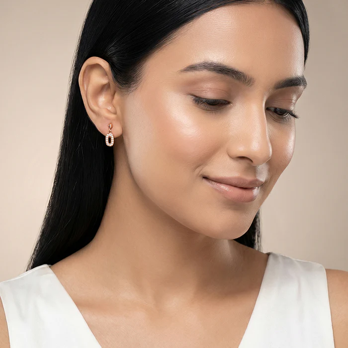 Rose Gold Pave Oval Drop Earrings - Image 3