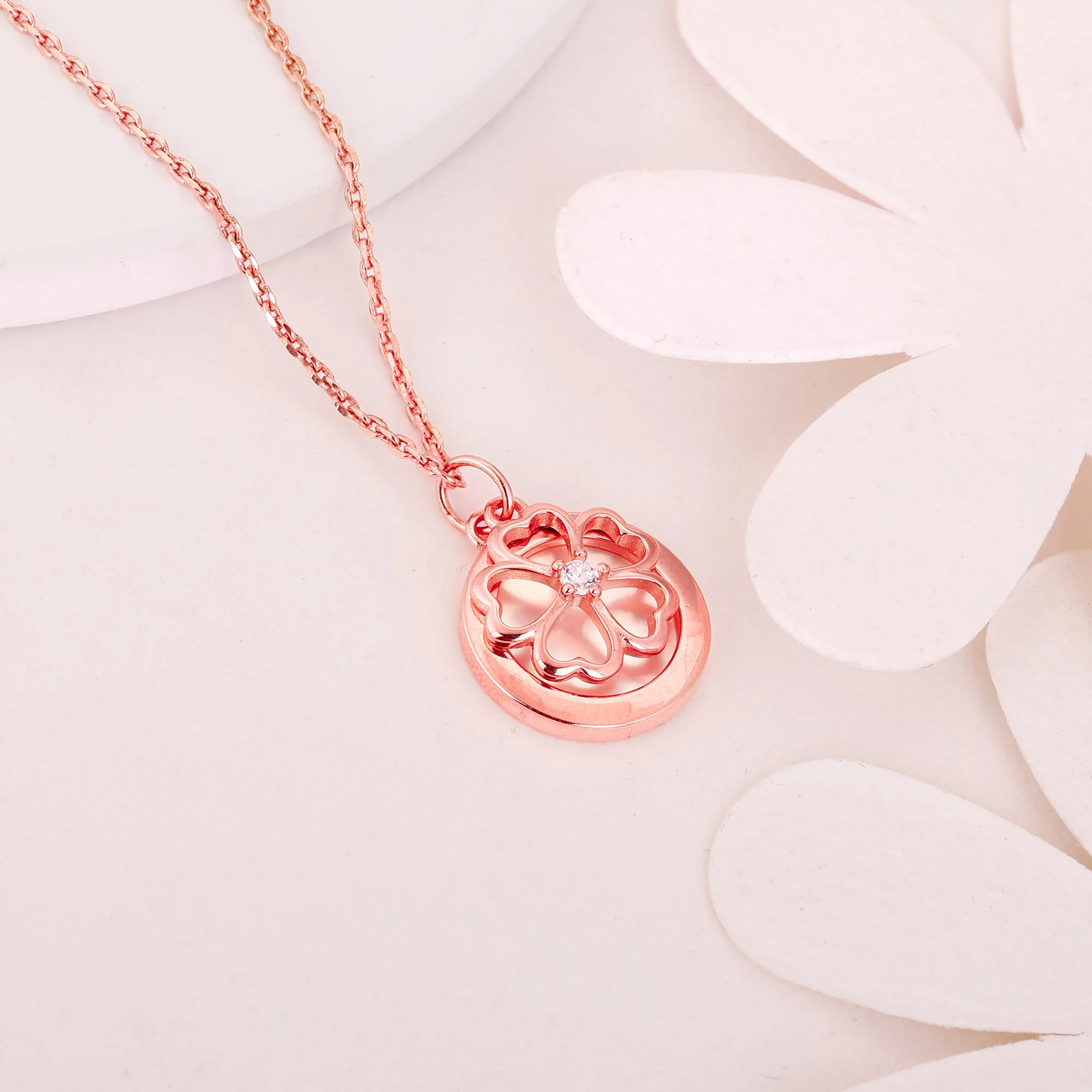 Rose Gold Pea Flower Pendant with Link Chain - Image 2