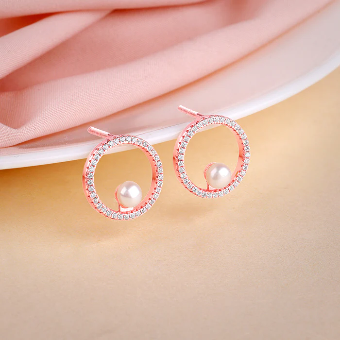 Rose Gold Pearl Halo Earrings - Image 2