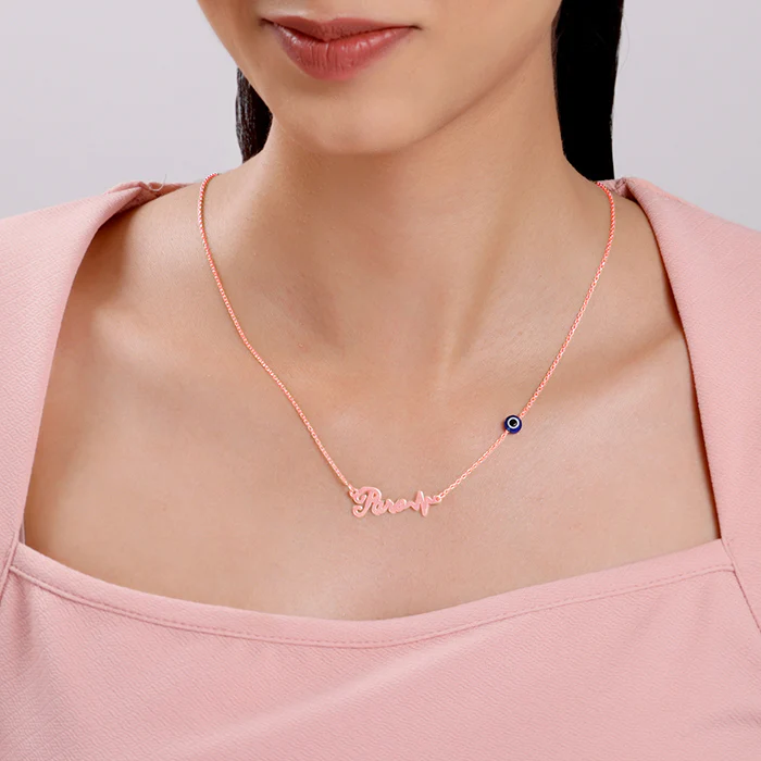 Rose Gold Personalised Evil Eye Heartbeat Necklace - Image 3