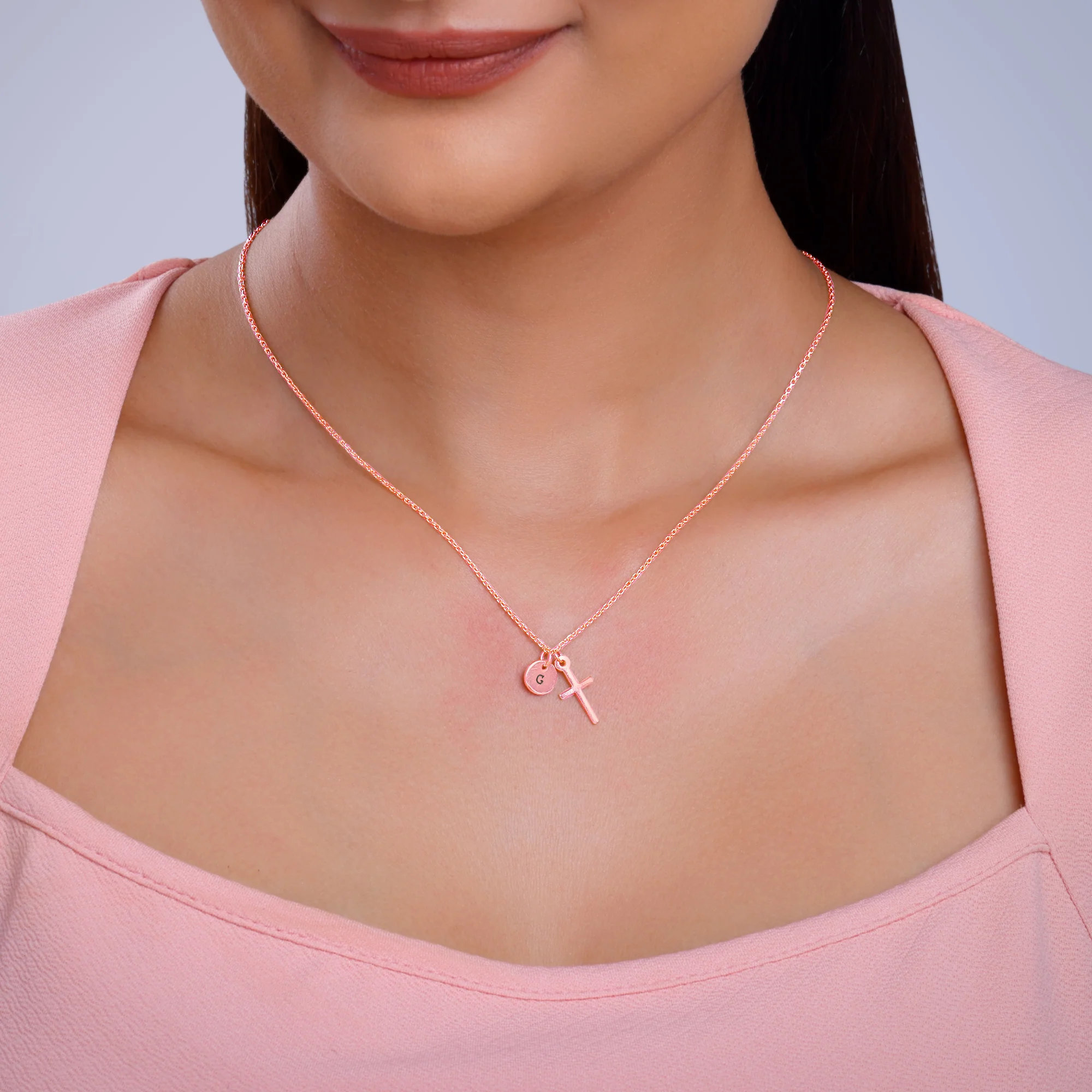 Rose Gold Personalised Halo Cross Pendant With Link Chain - Image 3
