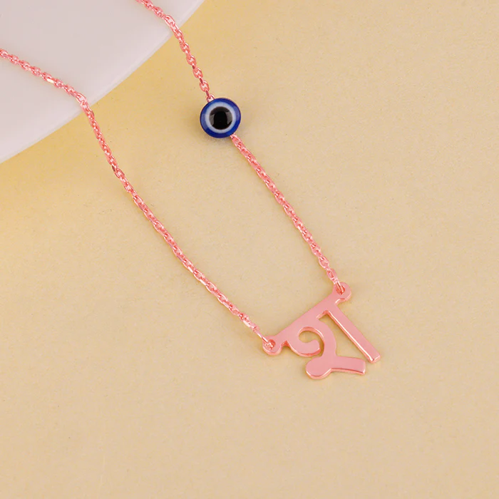 Rose Gold Personalised Hindi Initial Evil Eye Necklace - Image 2