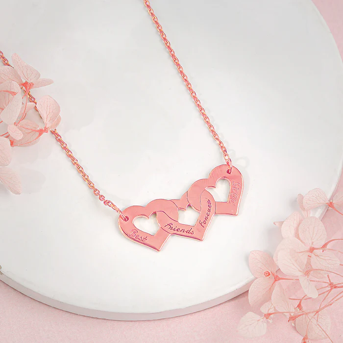 Rose Gold Personalised Triple Heart BFF Necklace - Image 3