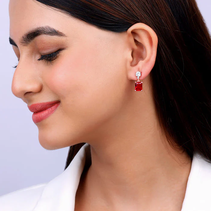 Rose Gold Red Baguette Earrings - Image 3