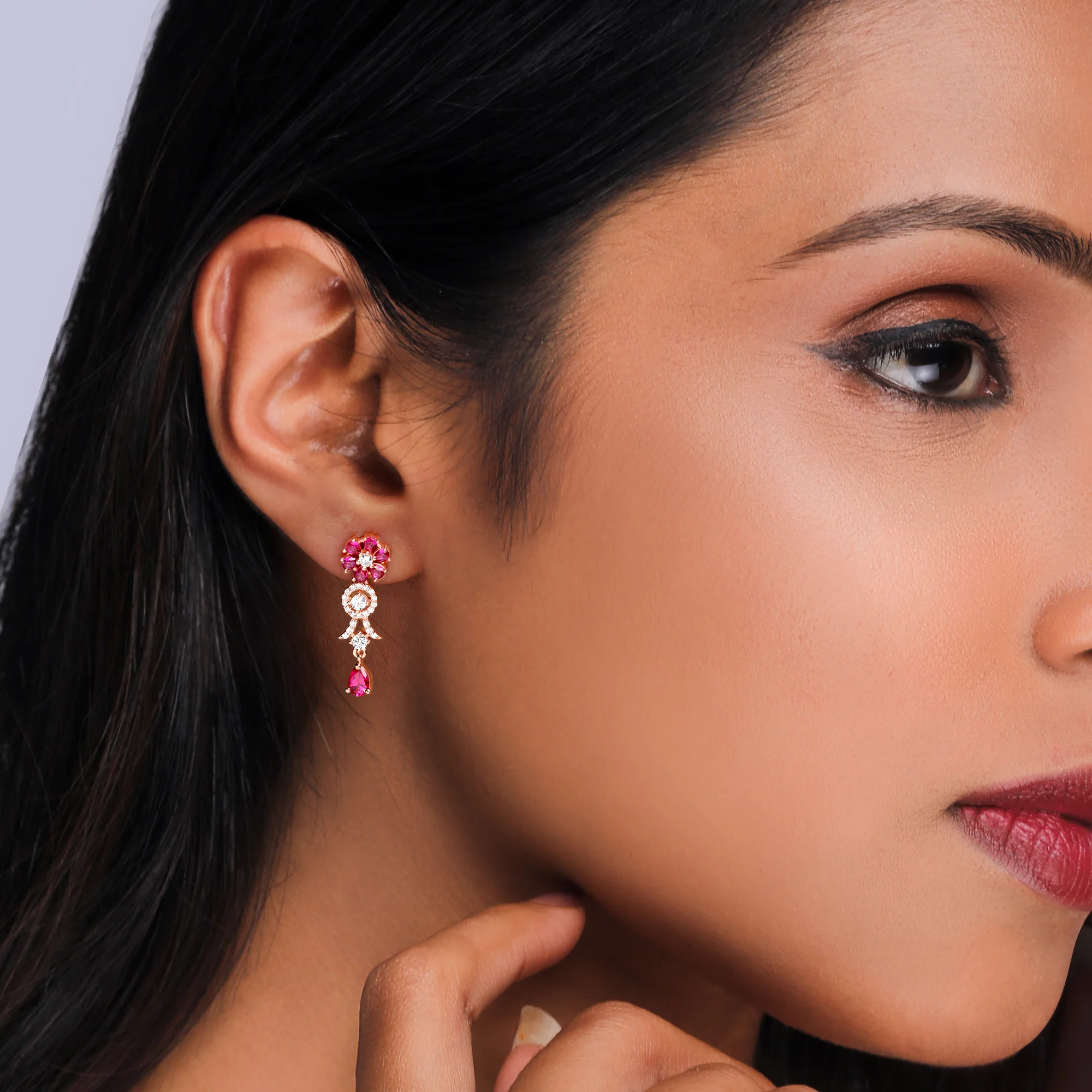 Rose Gold Zircon Pink Flower Drop Danglers - Image 3