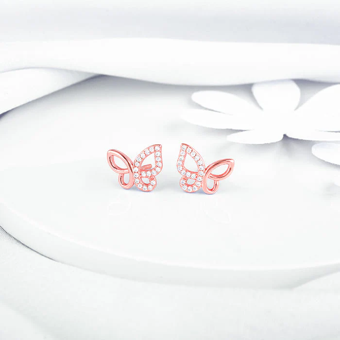 Rose Gold Zircon-Studded Butterfly Earrings - Image 2
