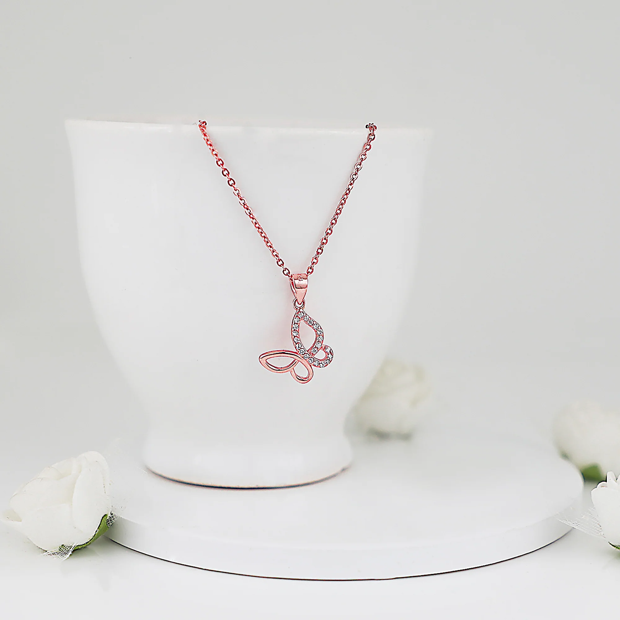 Rose Gold Zircon-Studded Butterfly Pendant With Link Chain - Image 2