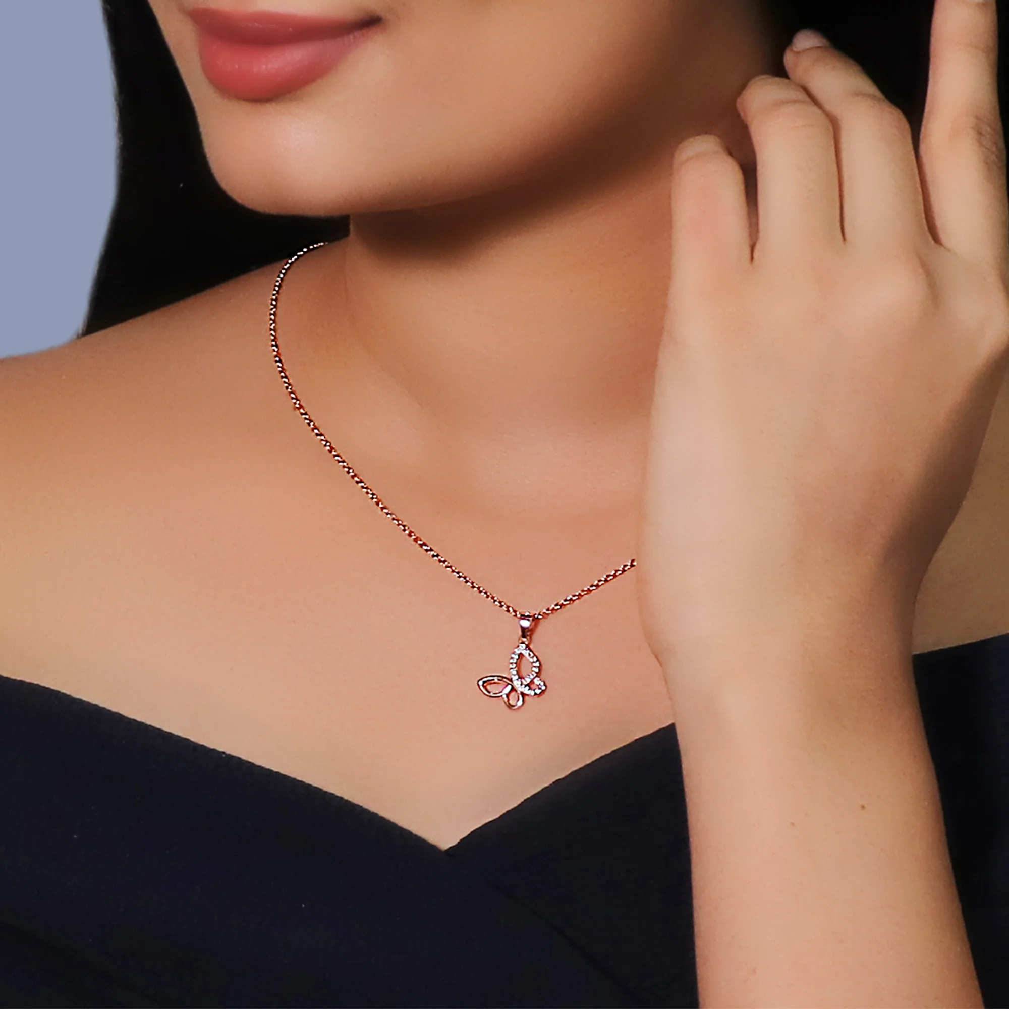 Rose Gold Zircon-Studded Butterfly Pendant With Link Chain - Image 3