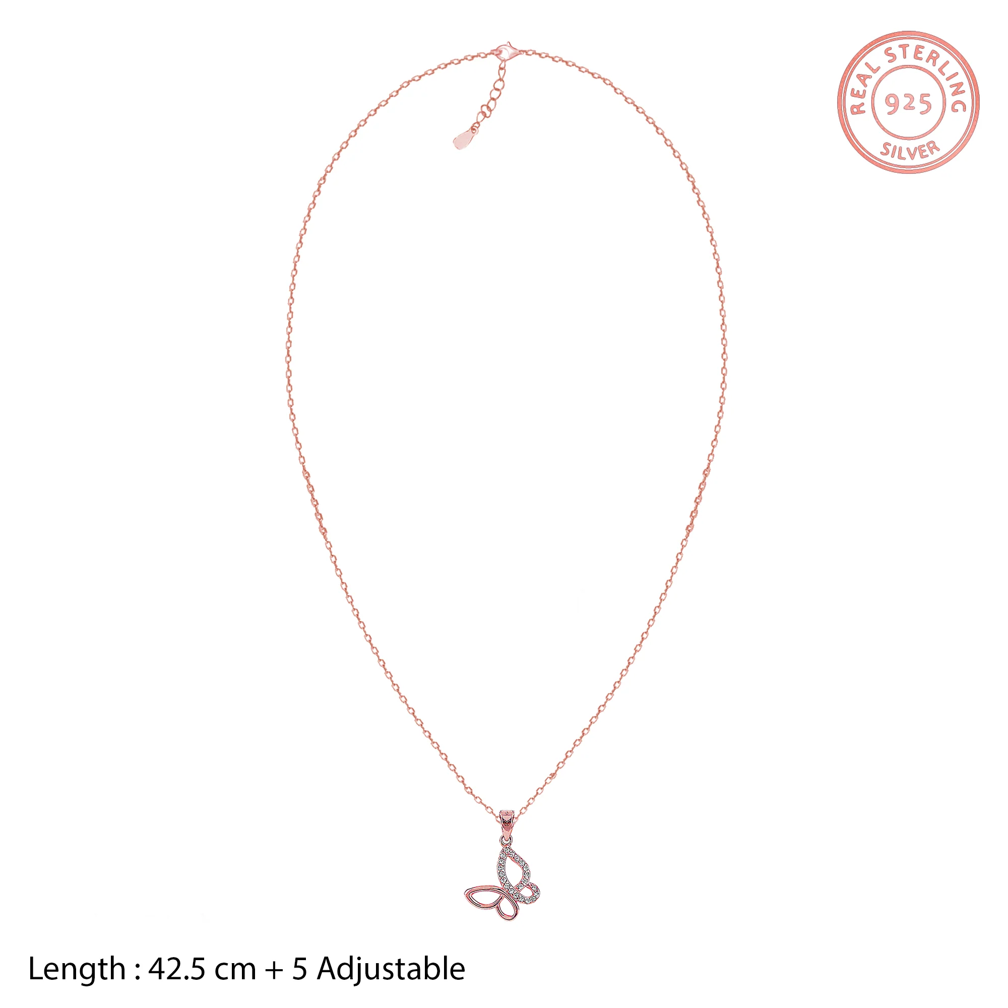 Rose Gold Zircon-Studded Butterfly Pendant With Link Chain - Image 5