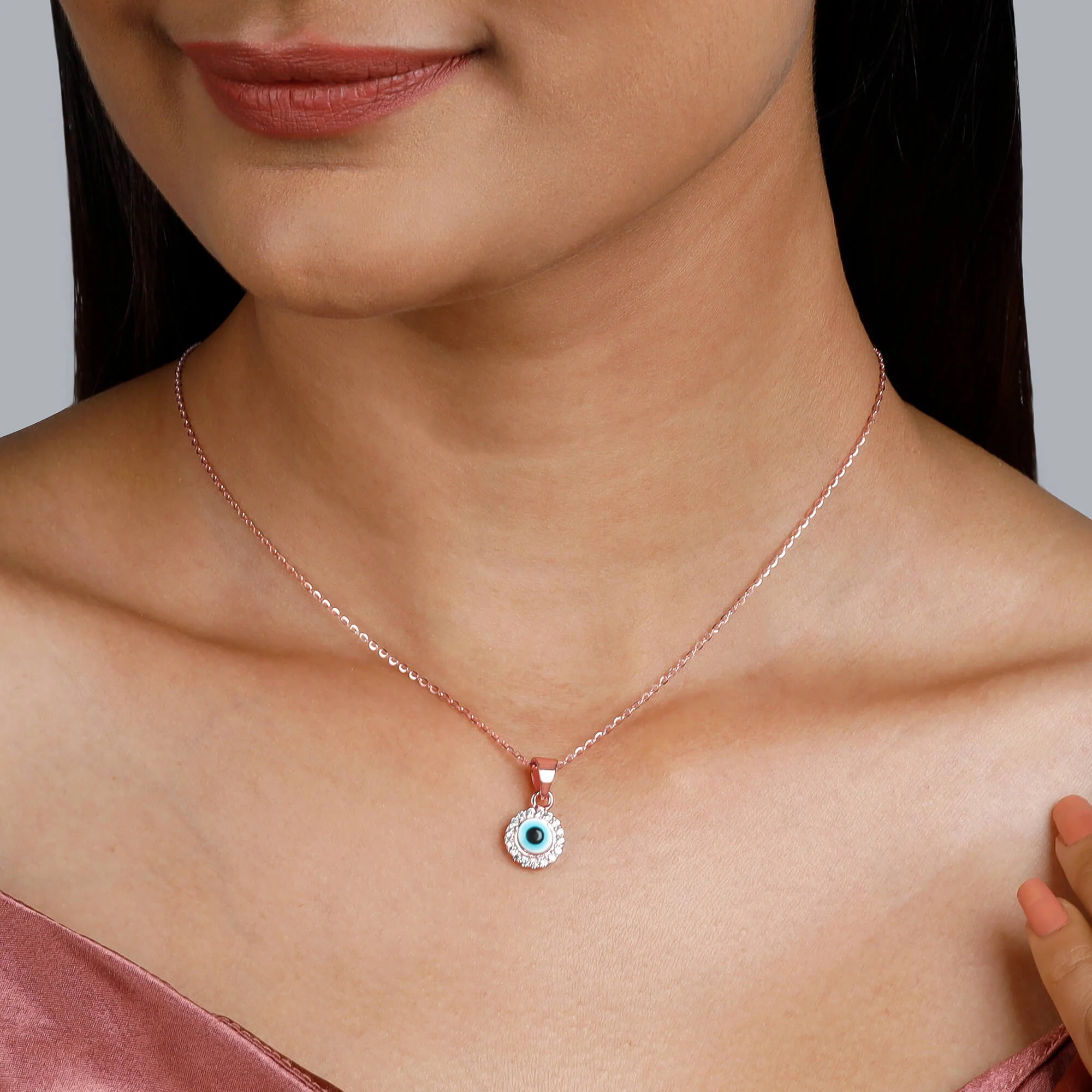 Rose Gold Studded Evil Eye Pendant - Image 3