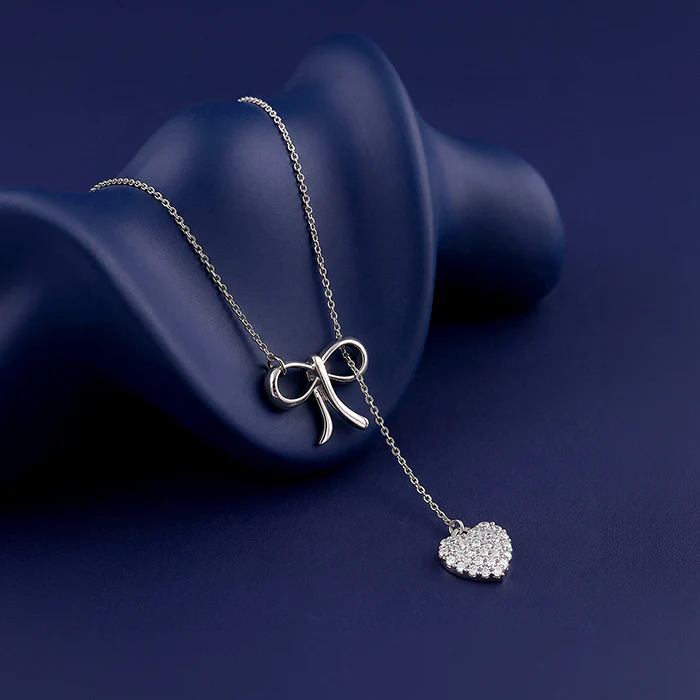 Silver Amora Bow and Heart Lariat Necklace - Image 2