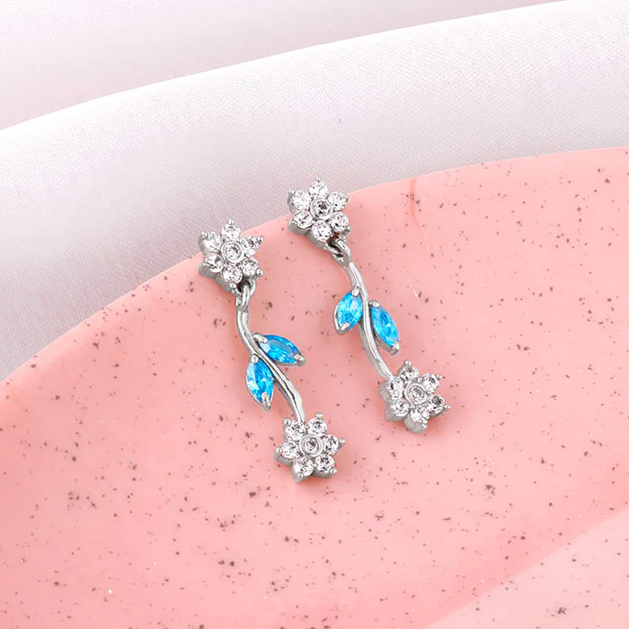 Silver Aqua Blue Floral Earrings - Image 2