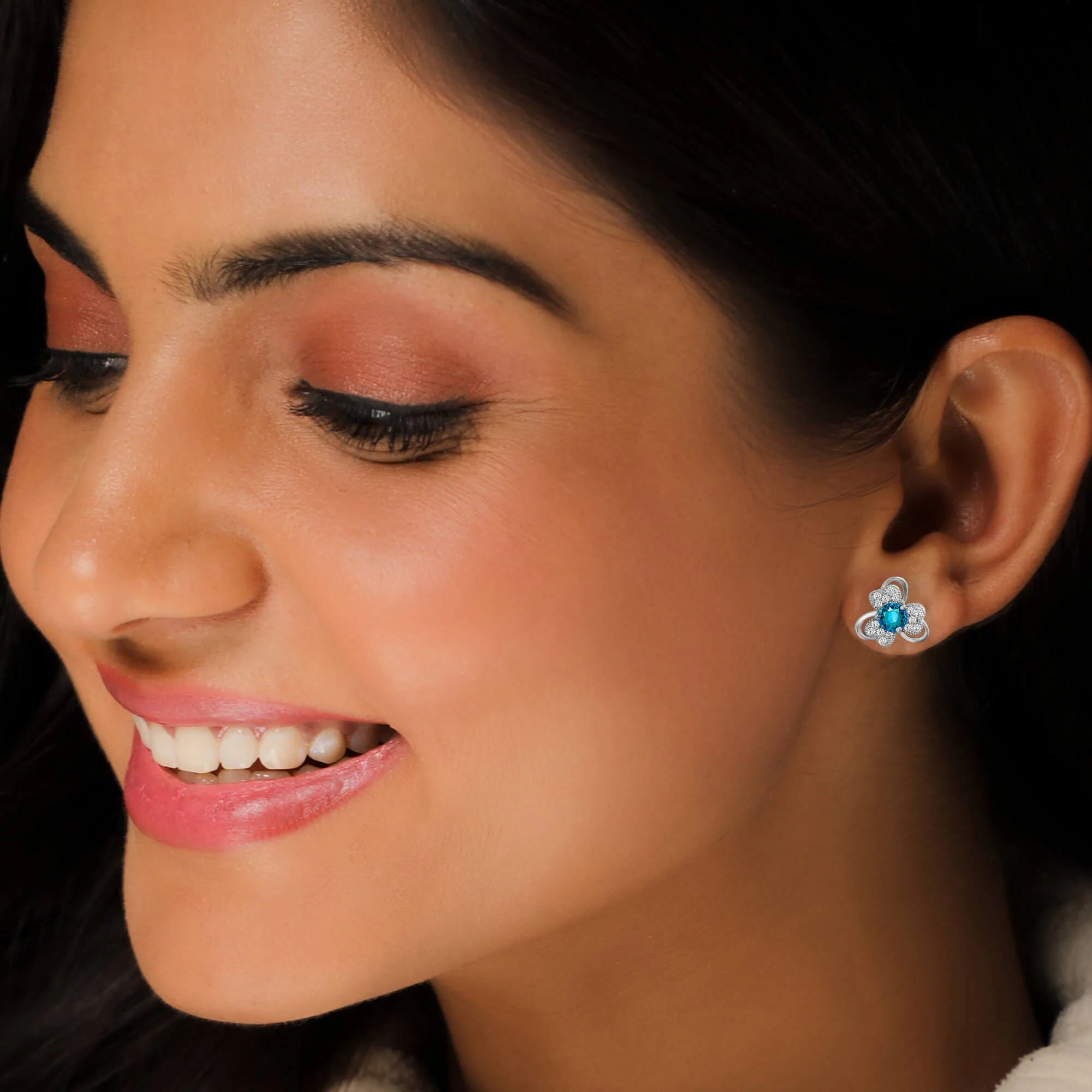 Silver Aqua Blue Flower Earrings - Image 2