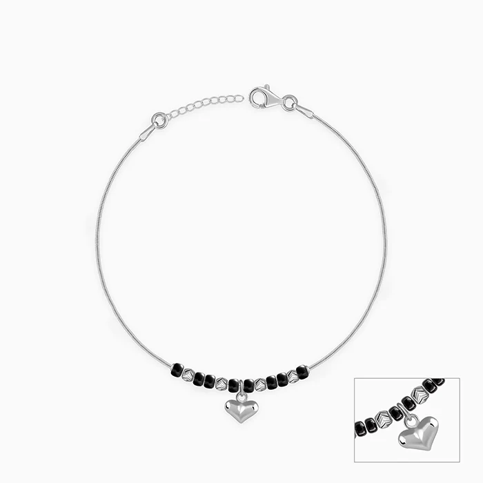 Silver Black Bead Heart Charm Anklet - Image 3