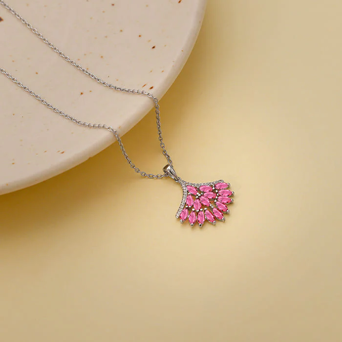 Silver Pink Floret Pendant With Link Chain - Image 2