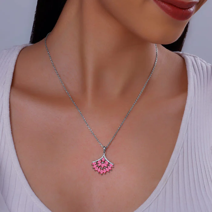 Silver Pink Floret Pendant With Link Chain - Image 3