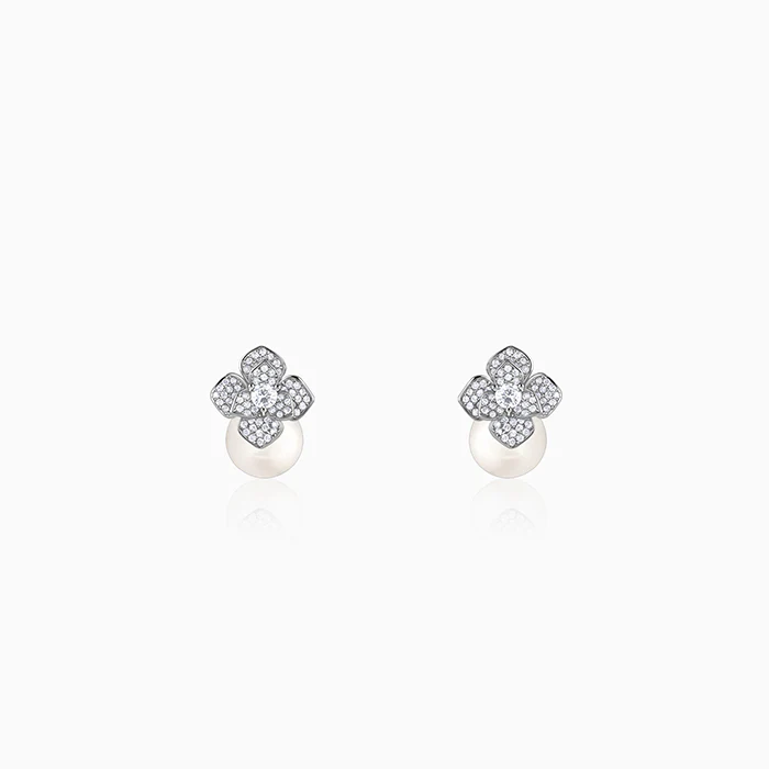 Silver Camellia Pearl Drop Earrings