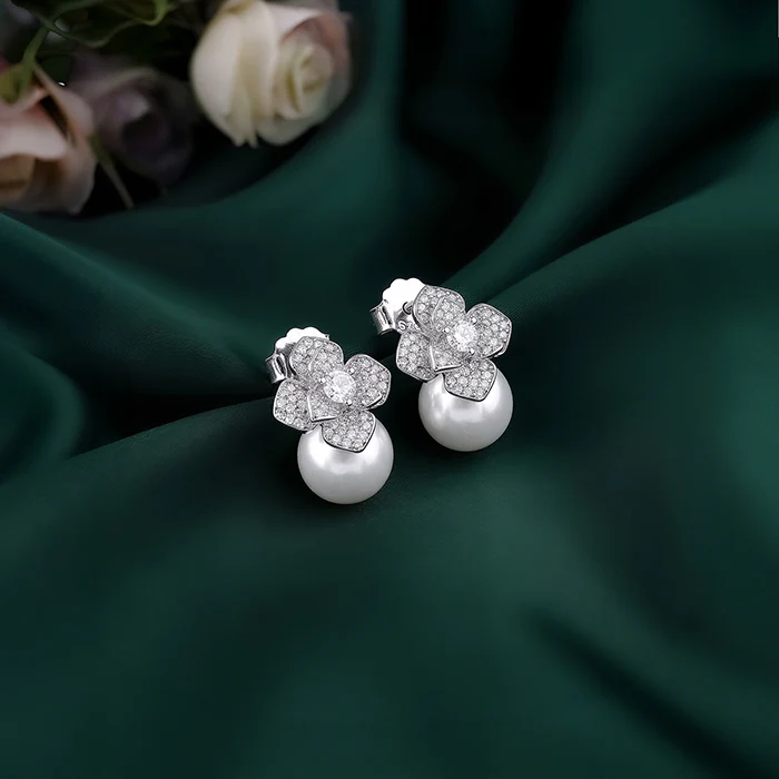 Silver Camellia Pearl Drop Earrings - Image 2
