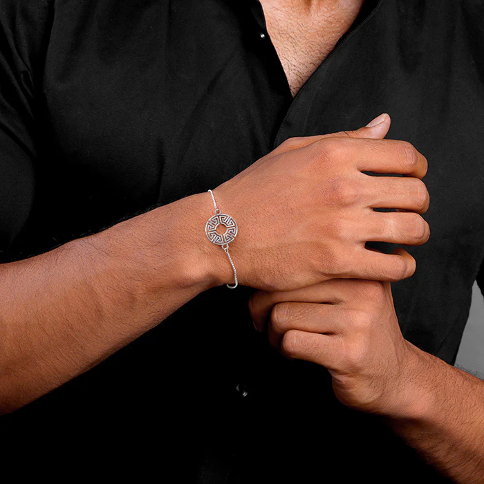 Silver Circular Pattern Bracelet Rakhi - Image 3