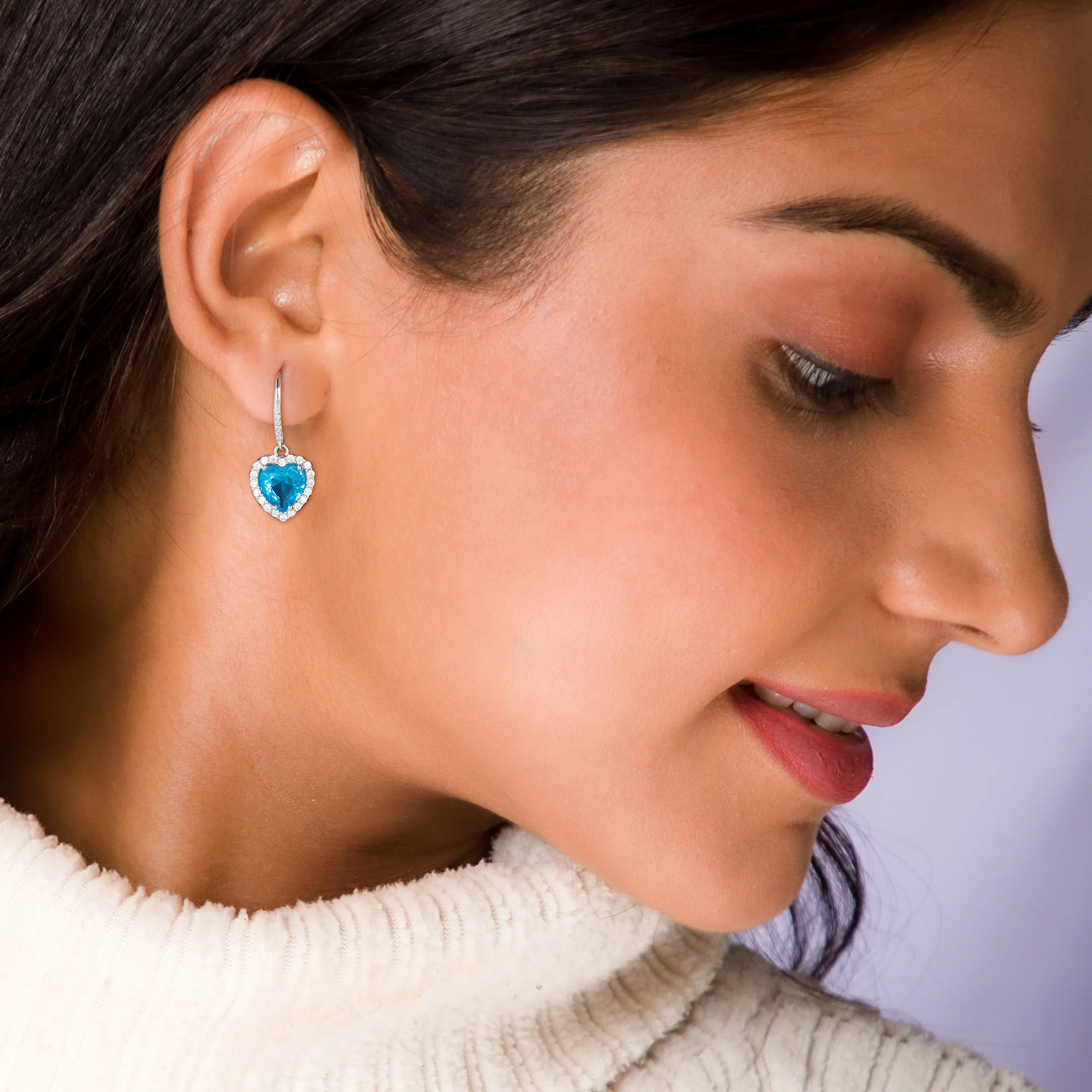 Silver Deep Ocean Blue Heart Earrings - Image 2