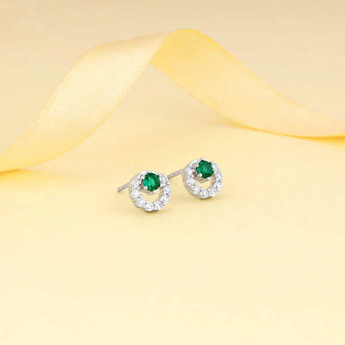 Silver Emerald Green Halo Stud Earrings - Image 2