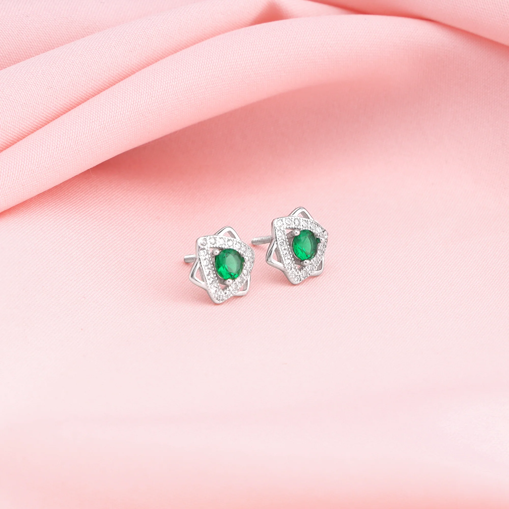Silver Emerald Green Star Earrings - Image 2