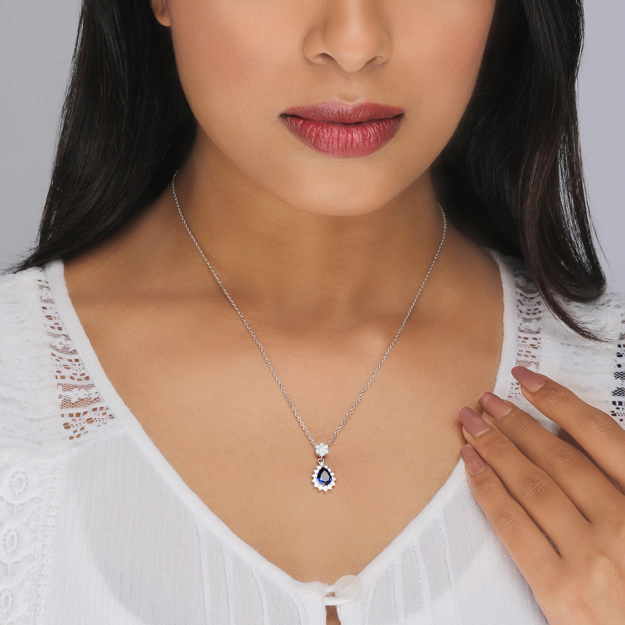 Silver Floral Royal Blue Drop Pendant - Image 2