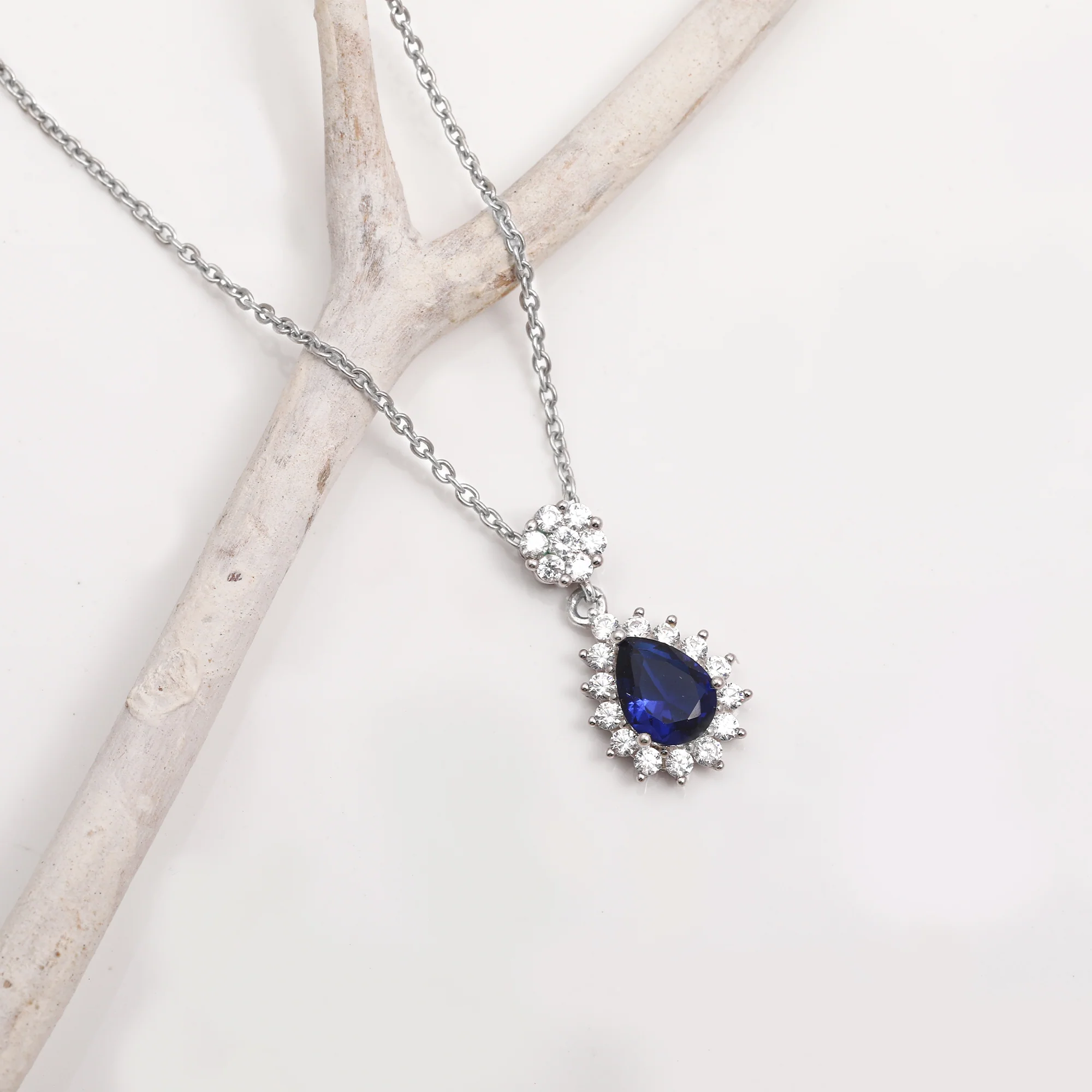 Silver Floral Royal Blue Drop Pendant - Image 3