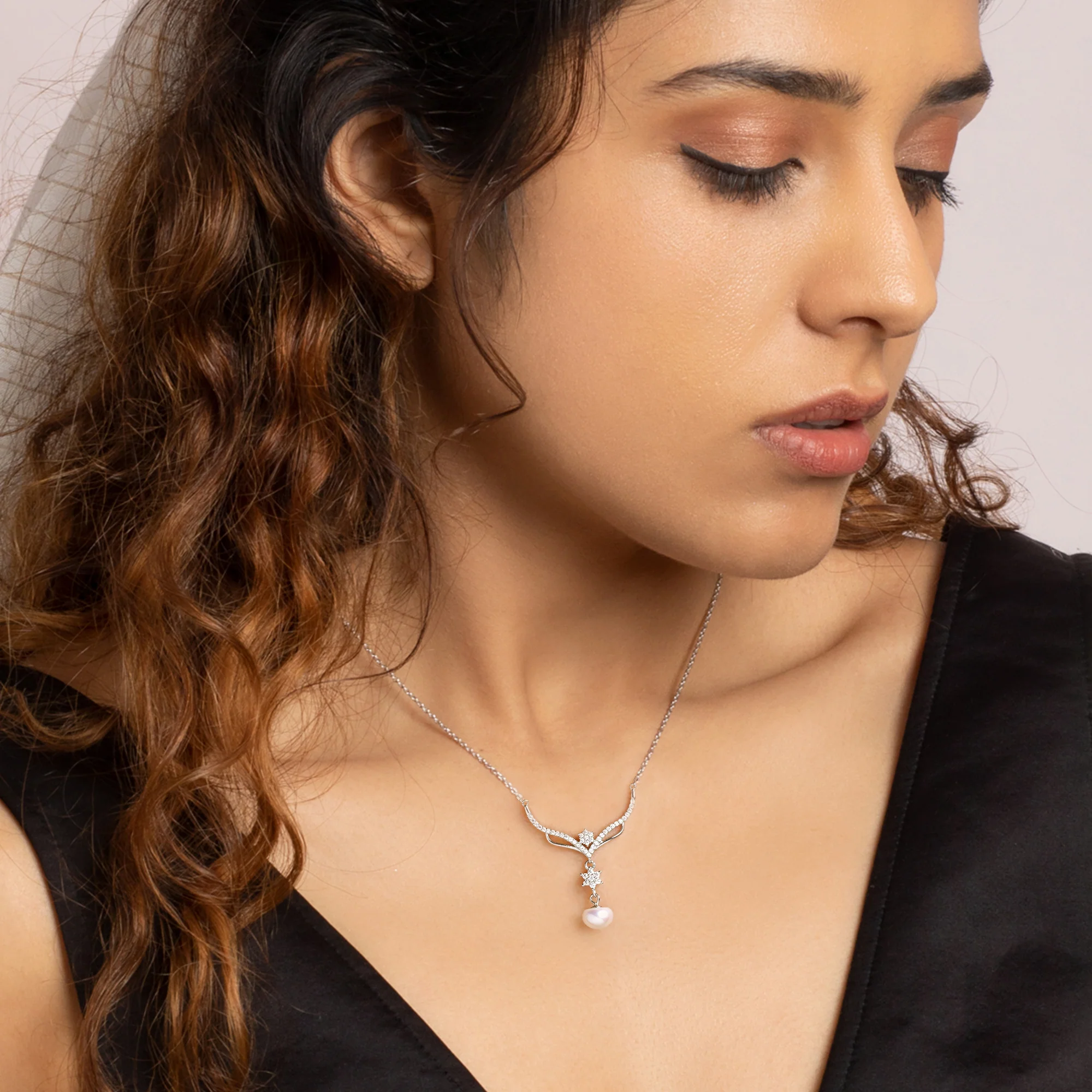 Silver Floral Studded Pearl Necklace - Image 3