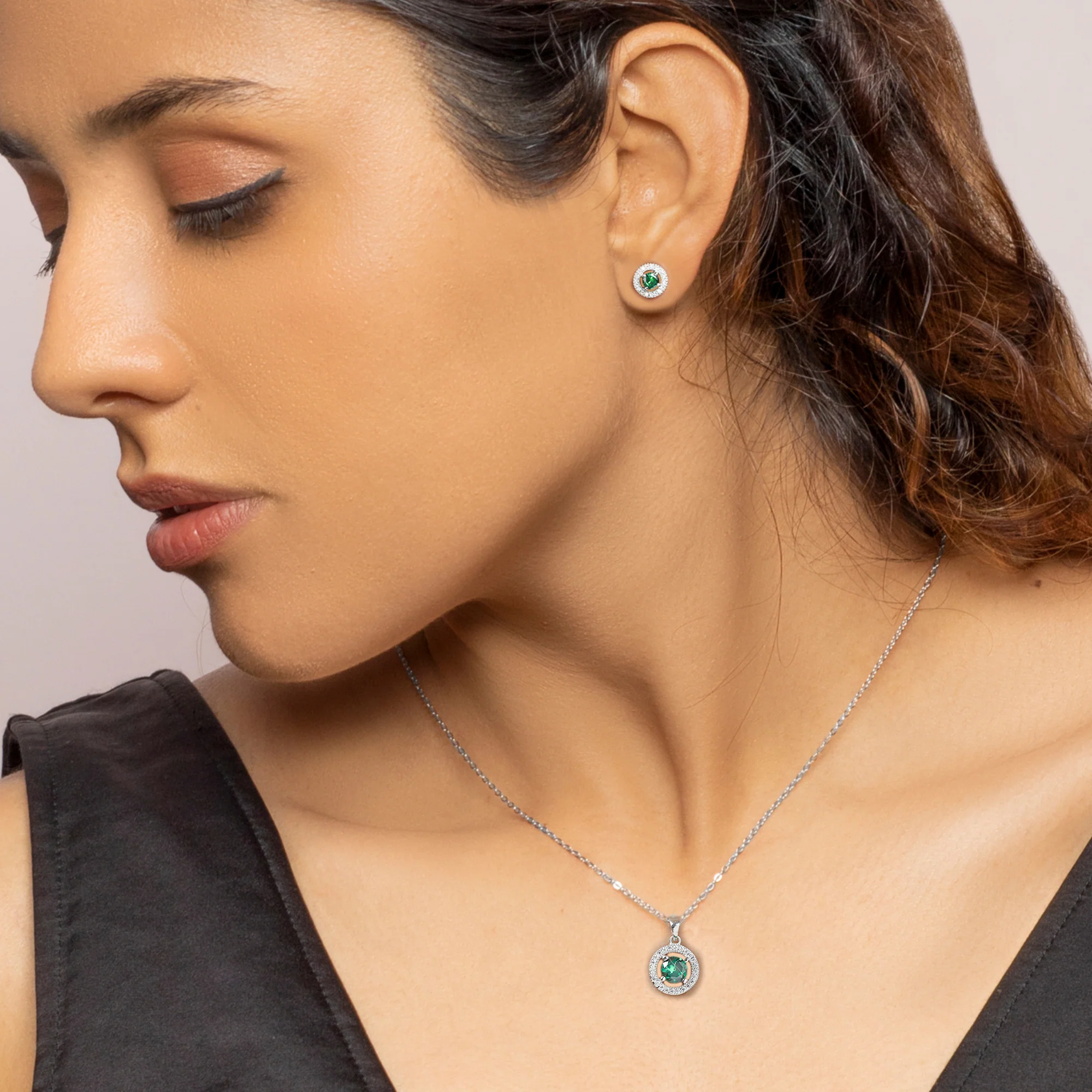 Silver Forest Green Shining Halo Pendant Set - Image 2