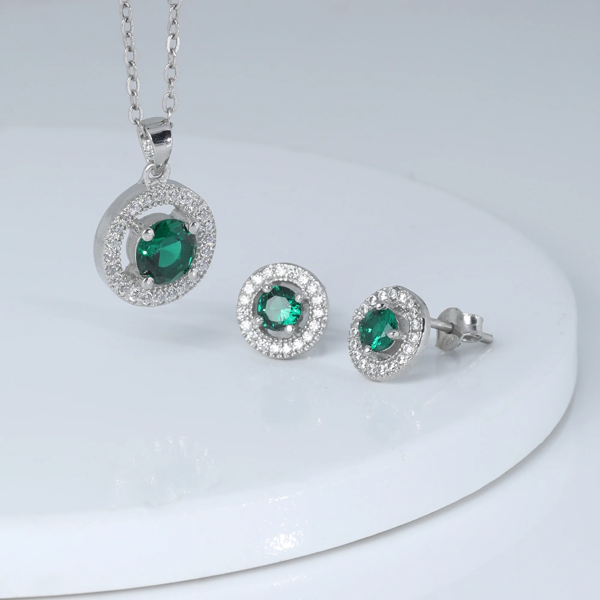 Silver Forest Green Shining Halo Pendant Set - Image 4