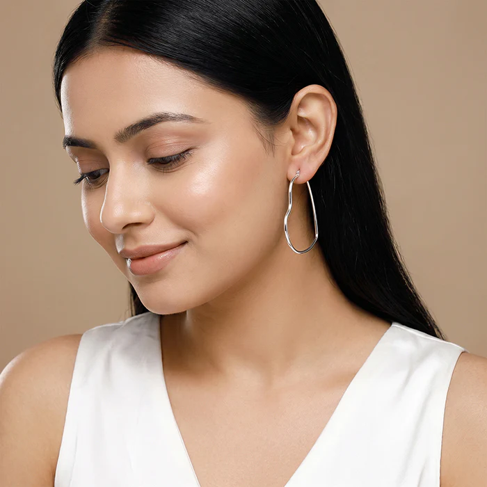 Silver Heart Loop Hoop Earrings - Image 3