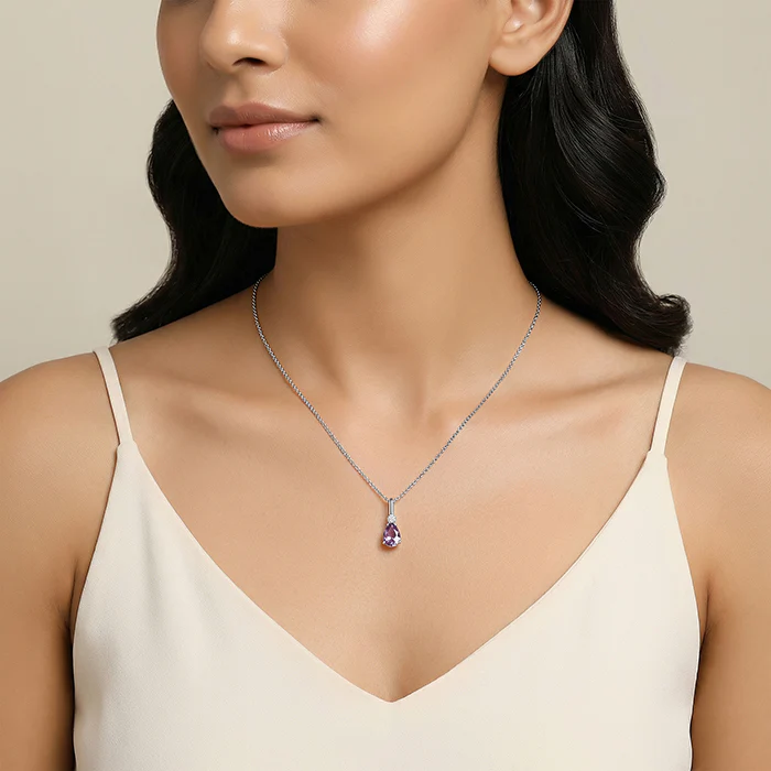 Silver Iris Pear Drop Pendant With Link Chain - Image 3