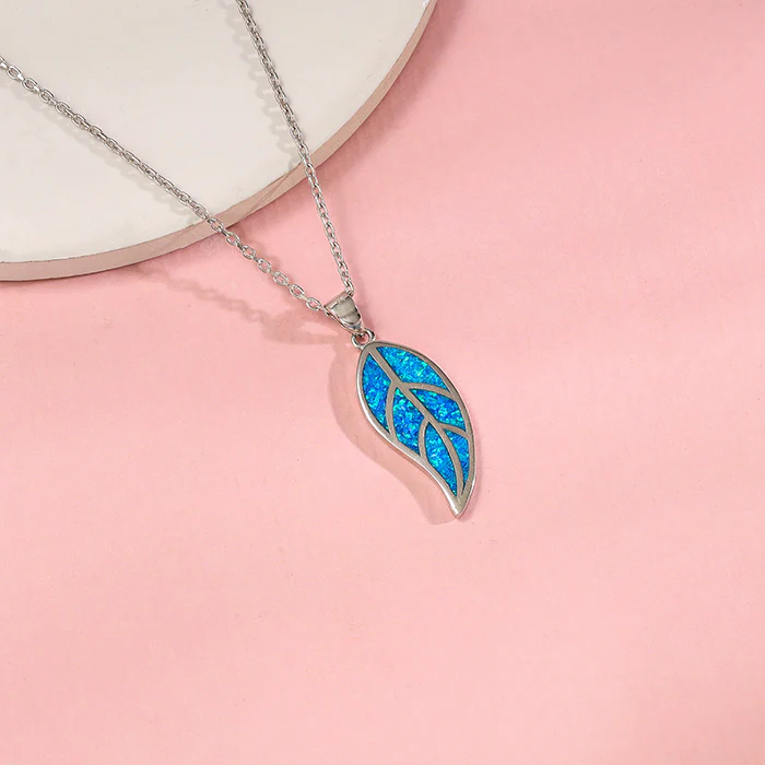 Silver Mystic Blue Leaf Pendant with Link Chain - Image 2