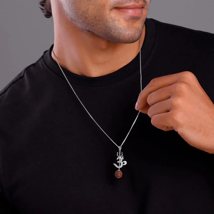 Silver Om Trishul Rudraksha Pendant With Box Chain For Him - Image 3