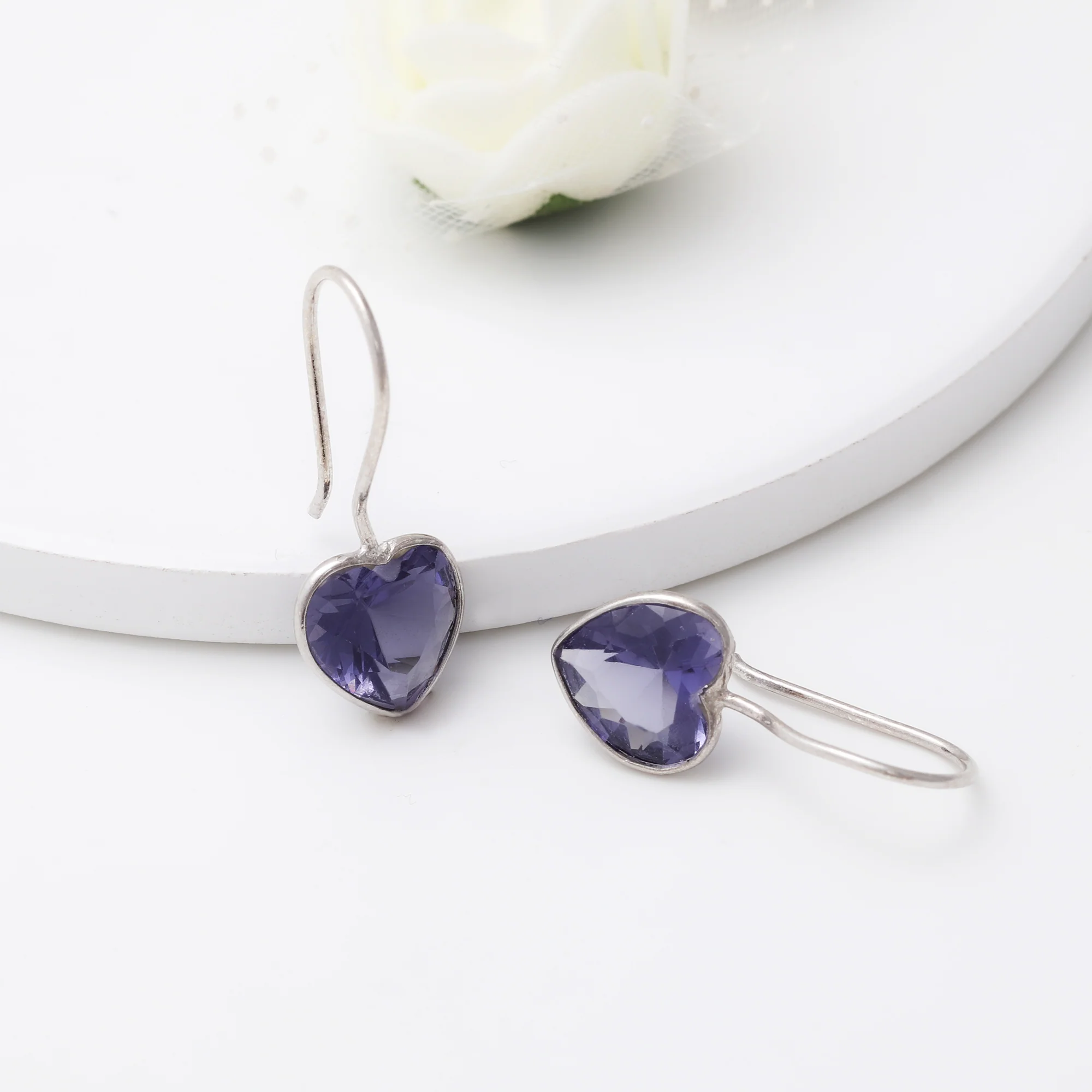 Silver Ornate Purple Heart Earrings - Image 2