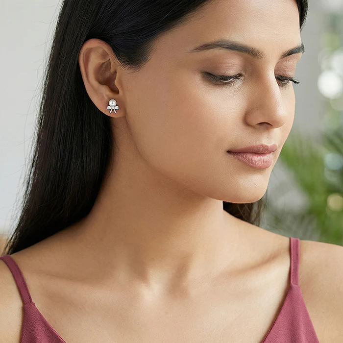 Silver Pearl Bownot Stud Earrings - Image 3