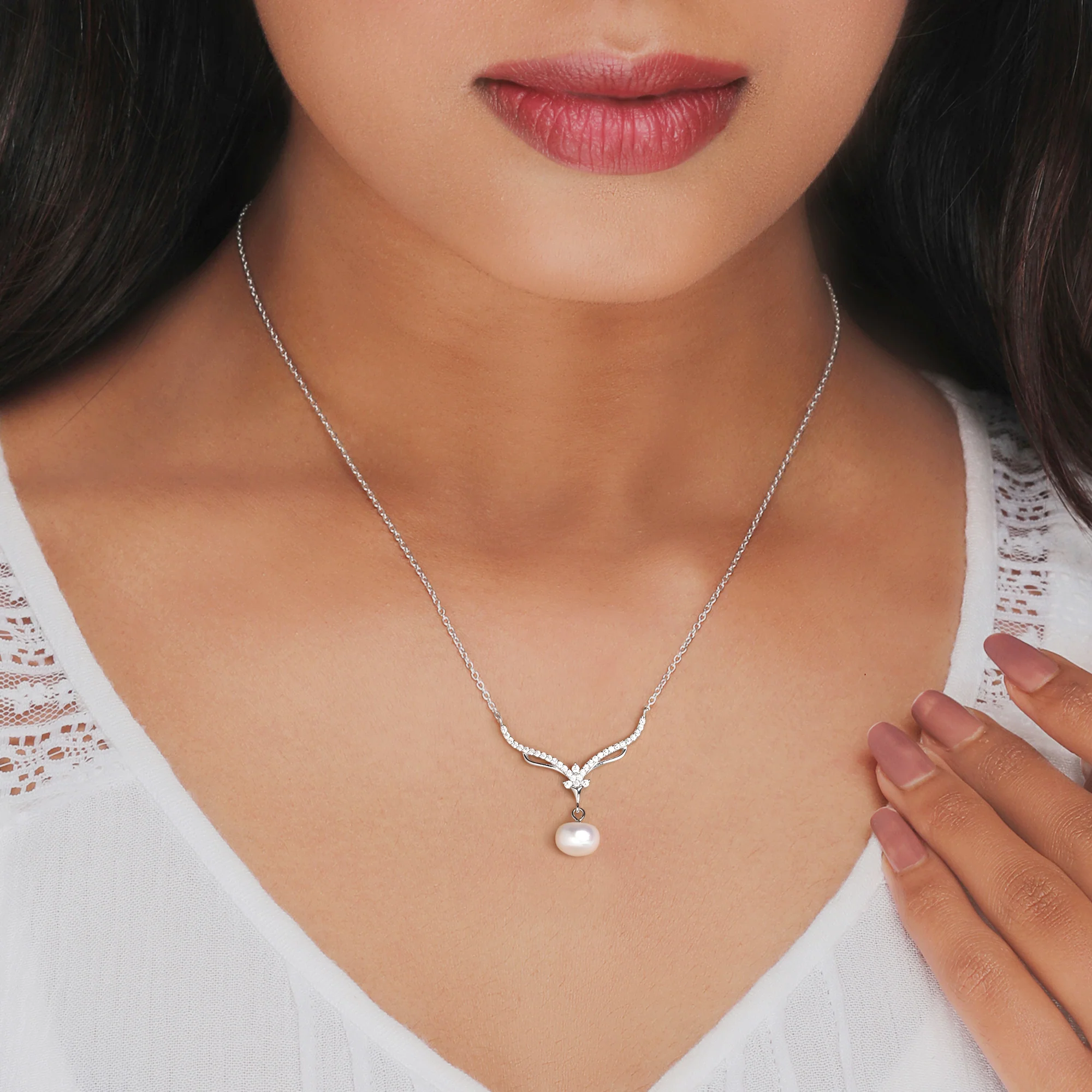 Silver Pearl Grace Drop Necklace - Image 2