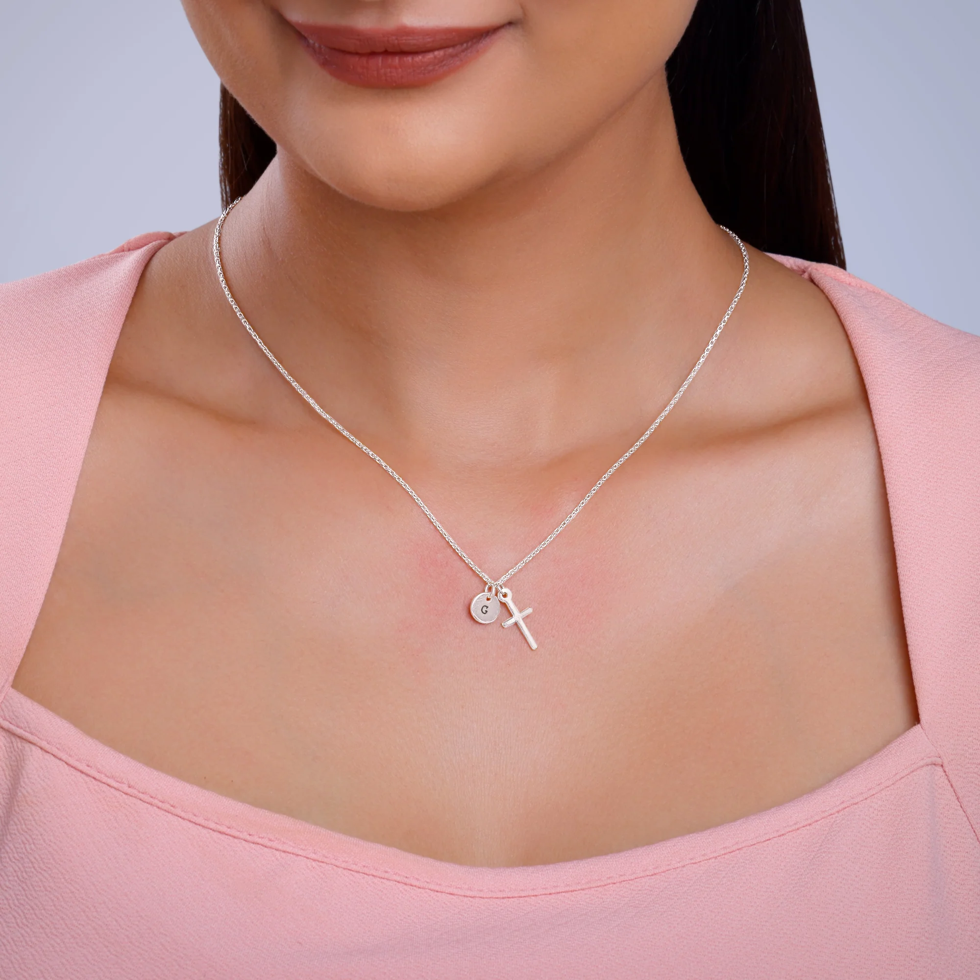 Silver Personalised Halo Cross Pendant With Link Chain - Image 3