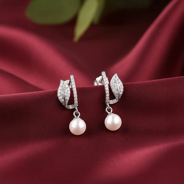 Silver Petal Pearl Earrings - Image 2