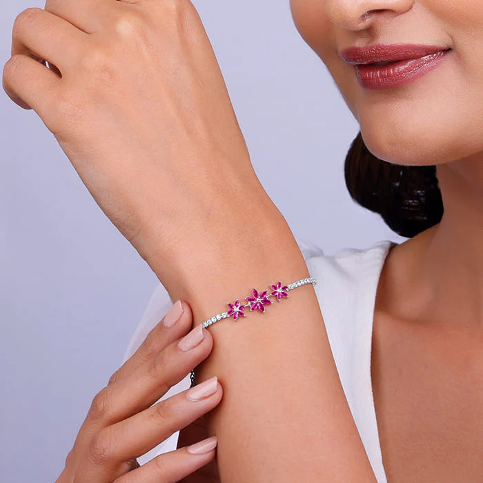 Silver Pink Floral Tennis Bracelet - Image 3