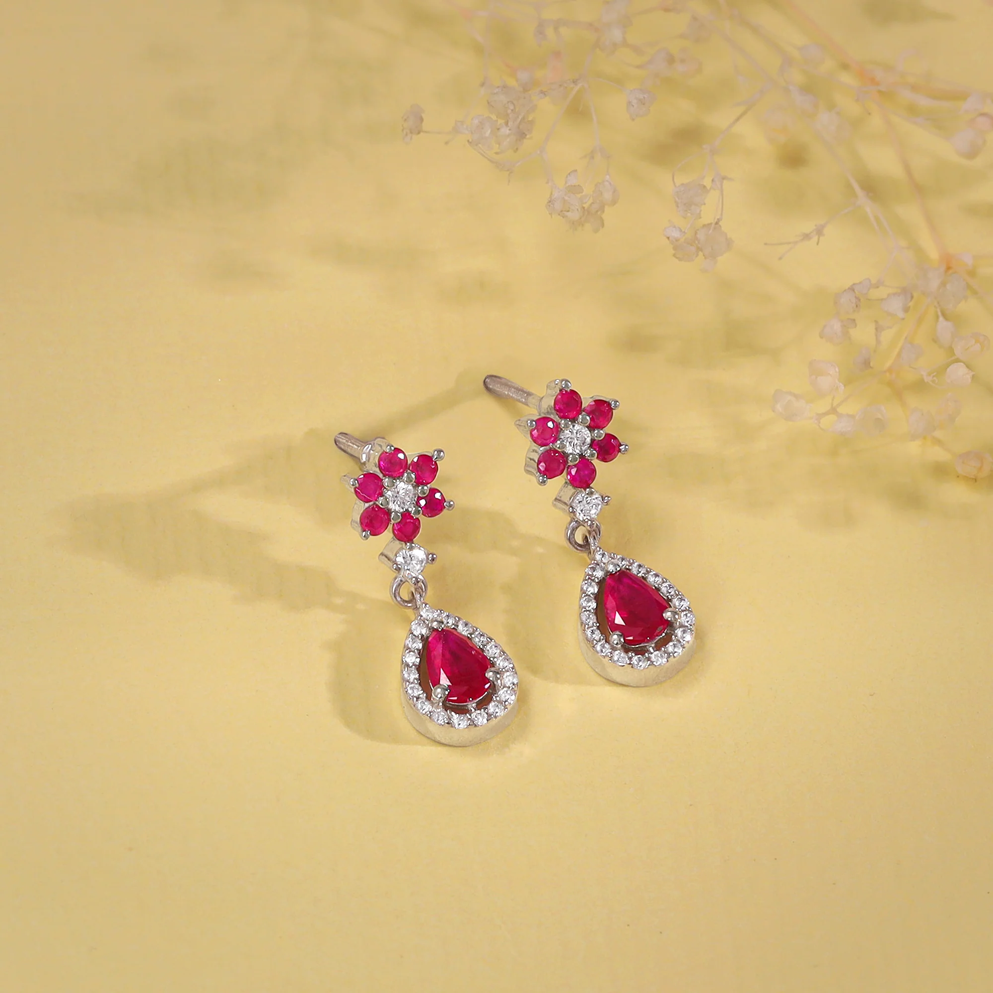 Silver Pink Flower Mini Drop Earrings - Image 2