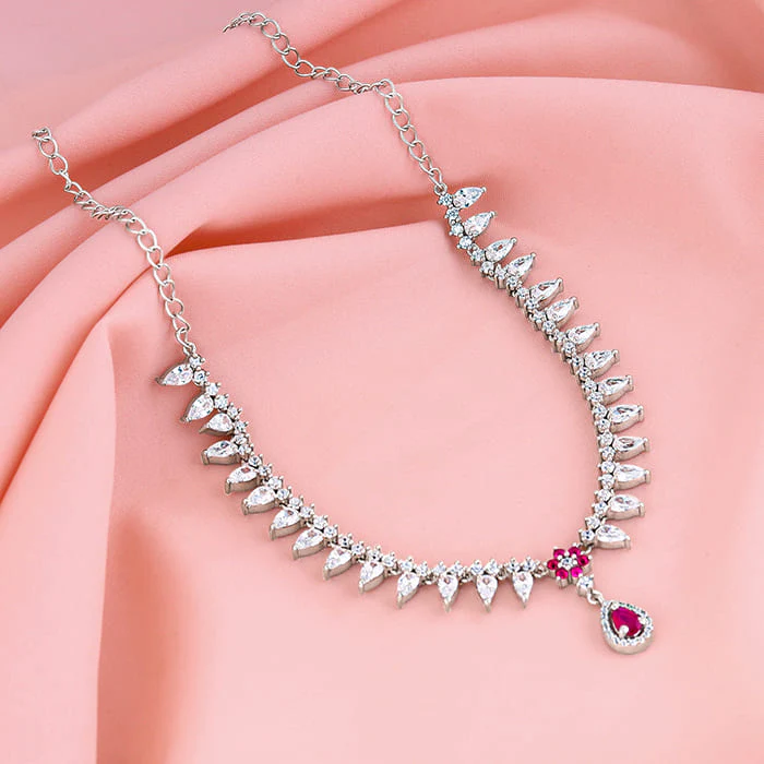 Silver Pink Flower Drop Necklace - Image 2