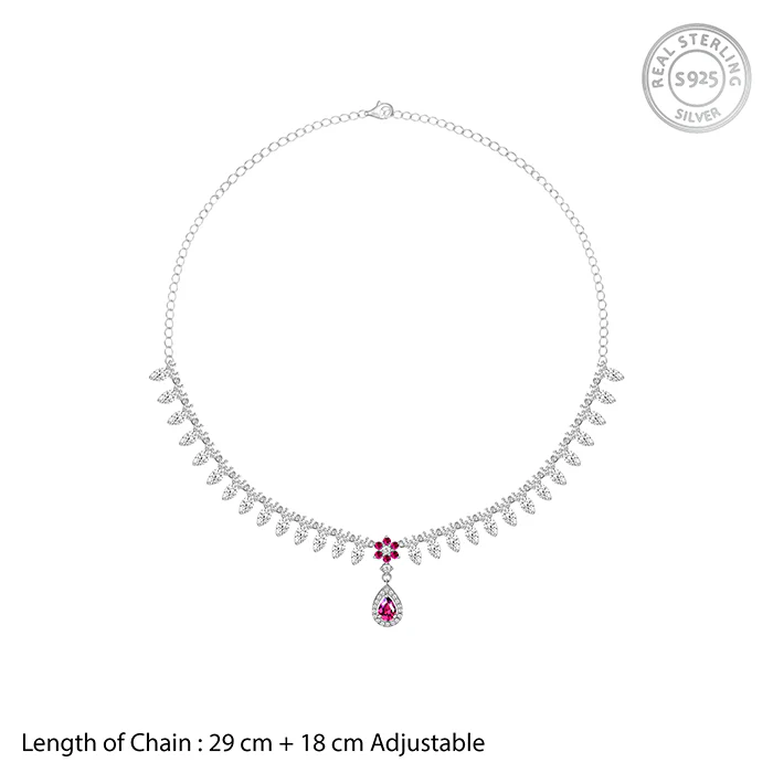 Silver Pink Flower Drop Necklace - Image 4