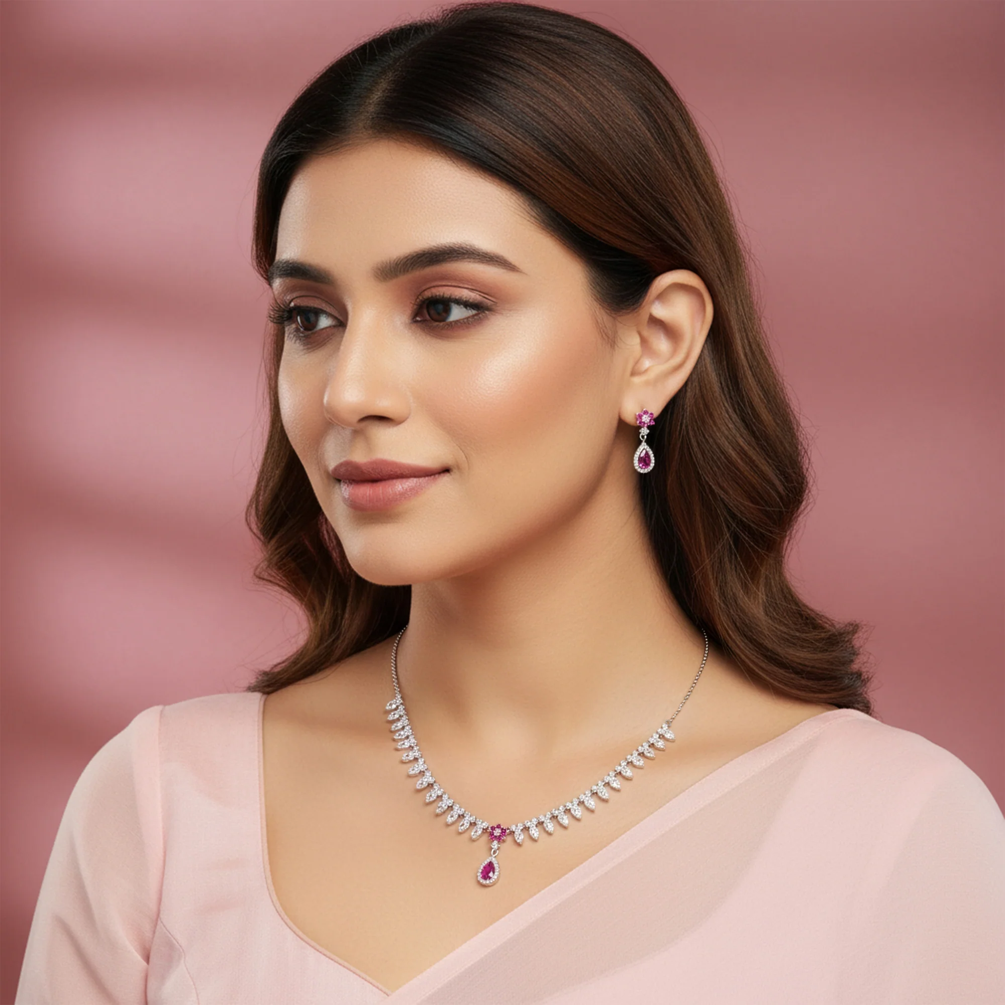 Silver Pink Flower Drop Solitaire Set - Image 2
